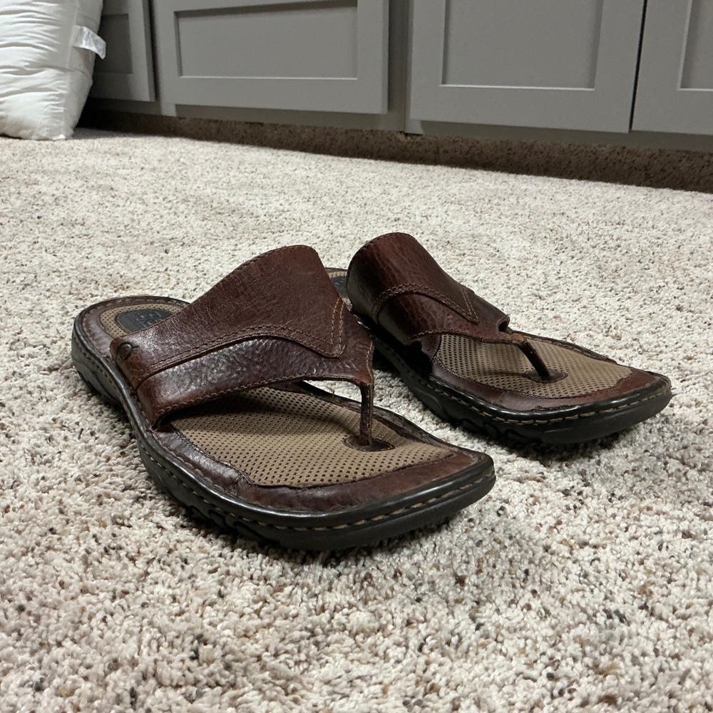 Born Mens Brown Leather Thong Sandals Casual Slip On Flip Flop Slides Stitching